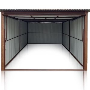 Plechová garáž 3×5.5 m, RAL 8017, výklopná brána