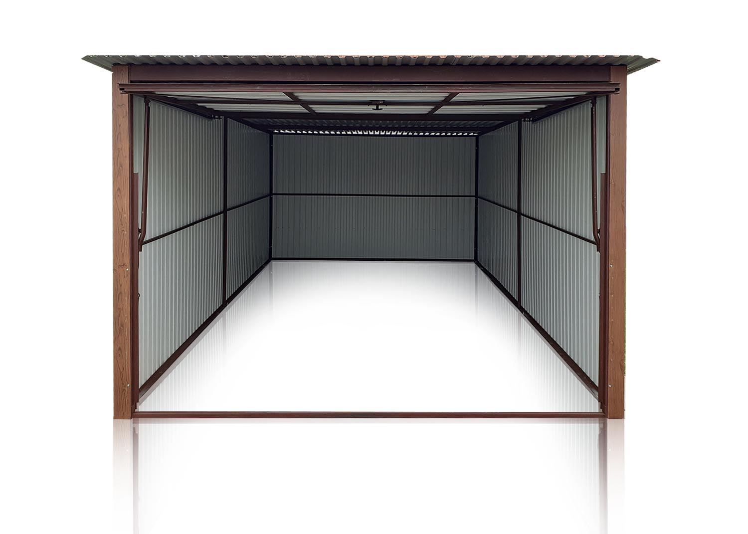 Plechová garáž 3x5 so spádom strechy dozadu-tmavý orech
