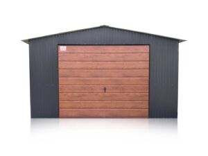 Plechová garáž 5x6m, grafit RAL 7016, výklopná brána zlatý dub