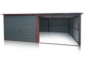 Plechová garáž 6x5 m,antracit RAL7016,spád od zadu, výklopné brány v širokom panelyod eurostal.sk