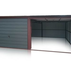 Plechová garáž 6x5m, antracit RAL7016, spád od zadu, výklopné brány v širokom panely