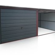Plechová garáž 6x5 m,antracit RAL7016,spád od zadu, výklopné brány v širokom panely