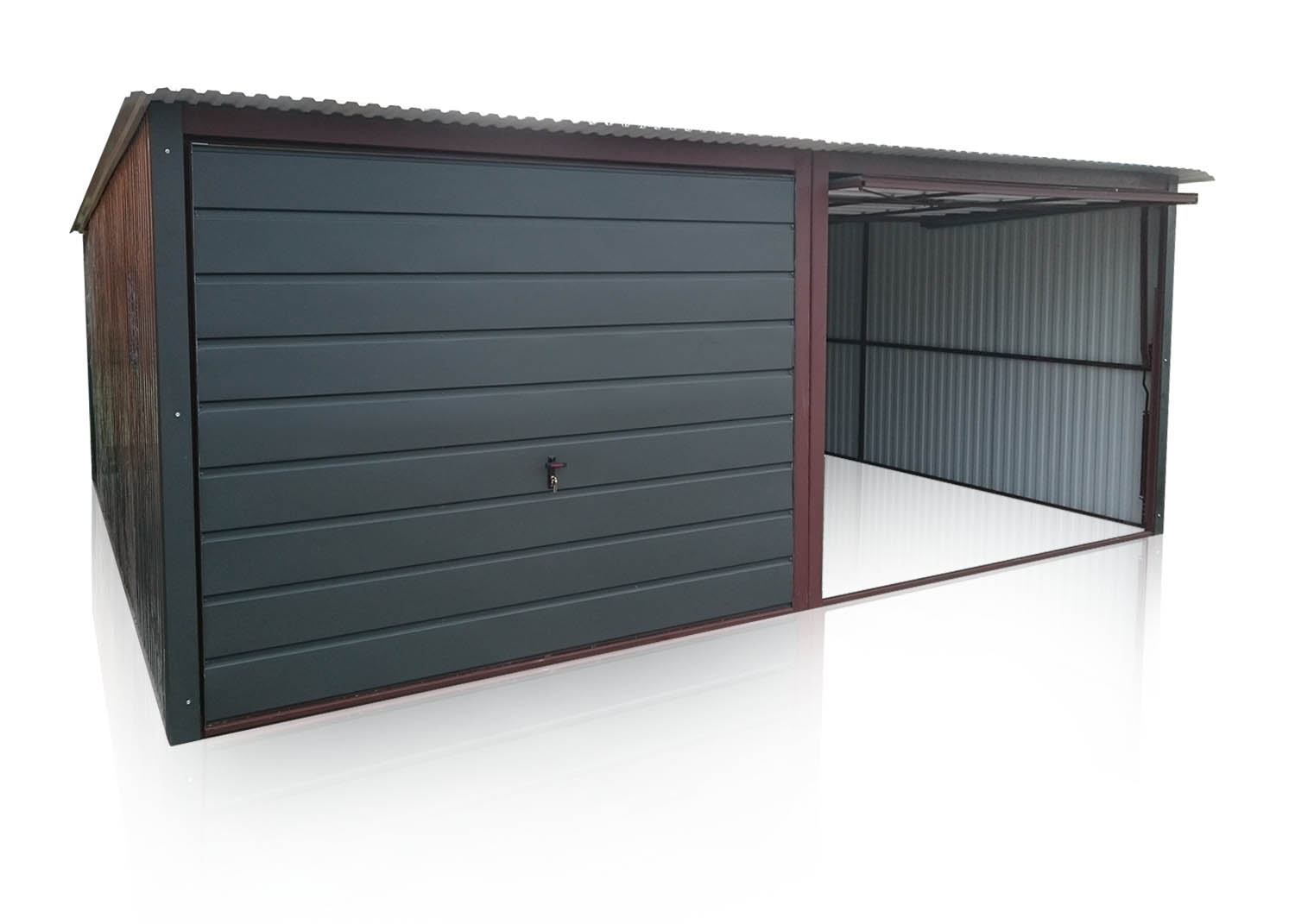 Plechová garáž 6x5 m,antracit RAL7016,spád od zadu, výklopné brány v širokom panely