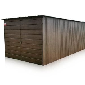 Plechová garáž 3×5 m, brána dvojkrídlová, široký panel, orech tmavý