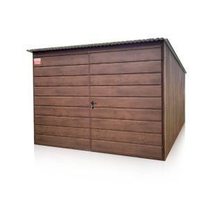 Plechová garáž 3×5 m, brána dvojkrídlová, široký panel, orech tmavý