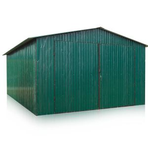 Plechová garáž 4x5m, sedlová strecha – tmavozelená