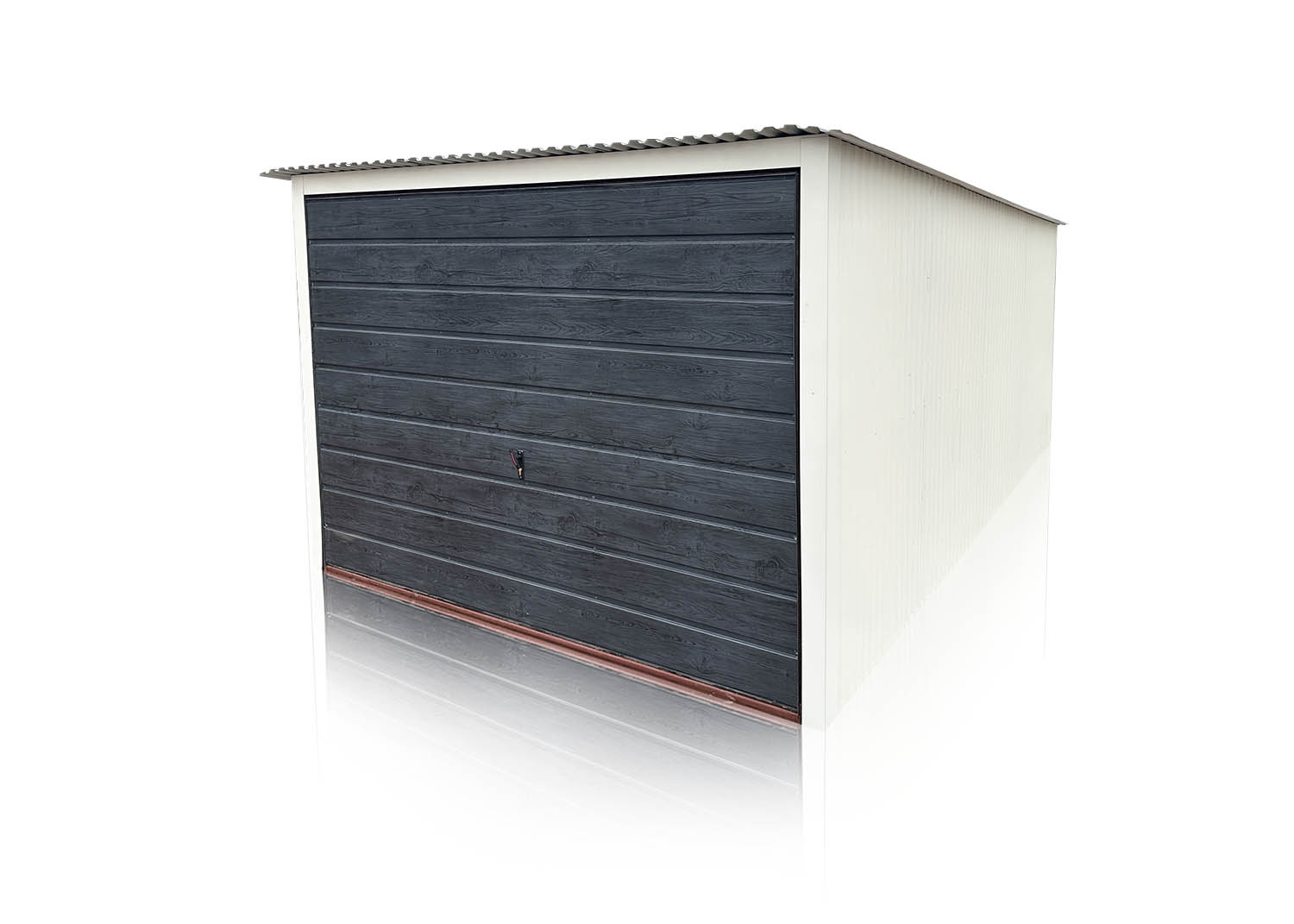Plechová garáž 3x5m, biela matná, brána grafit – štruktúra dreva